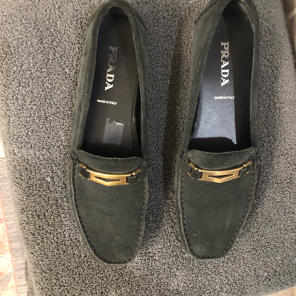 Prada Womens Dark Green Suede Loafers with Gold Accent